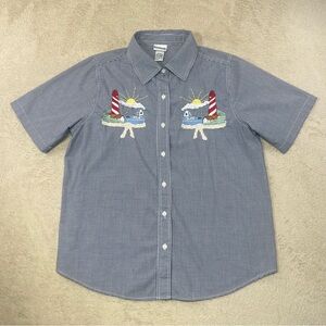 Vintage Women’s Bon Worth Embroidered Beaded Lighthouse Button Down Shirt Blue